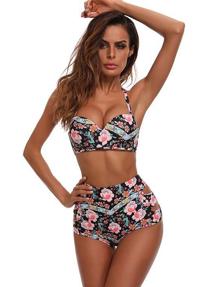 Ensemble De Bikini Taille Haute À Imprimé De Fleurs Creuses Pour Femmes