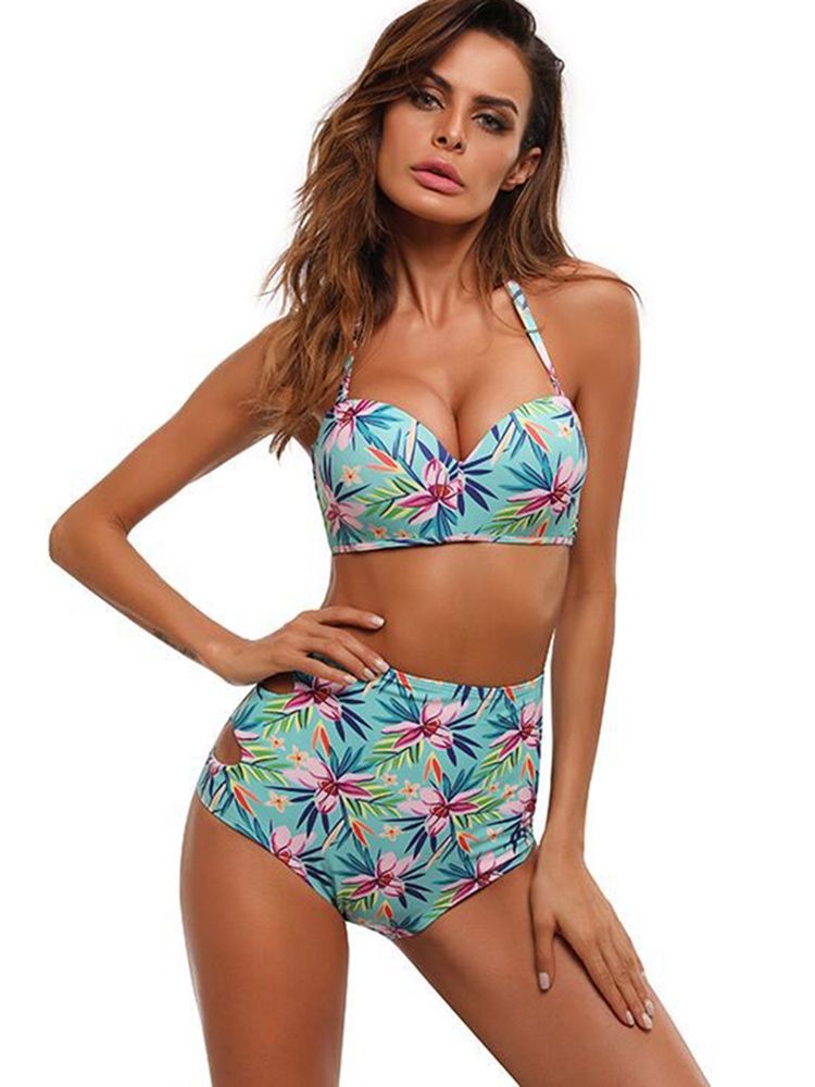 Ensemble De Bikini Taille Haute À Imprimé De Fleurs Creuses Pour Femmes