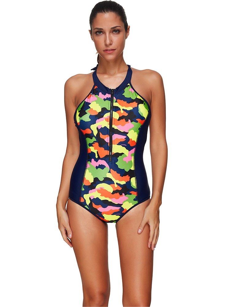 Monokini Une Pièce À Fermeture Éclair Camouflage À Blocs De Couleurs Pour Femmes