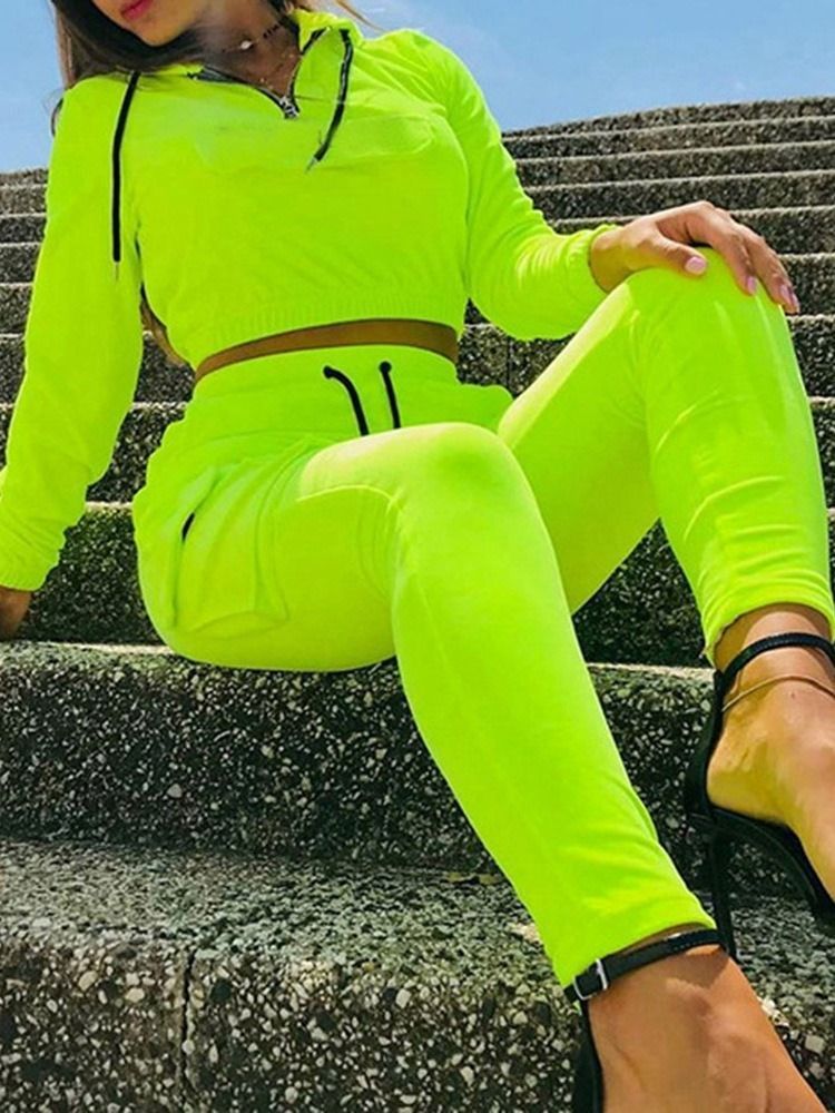 Ensembles De Vêtements À Manches Longues Et À Glissière Pour Femmes En Mélange De Coton De Couleur Fluorescente