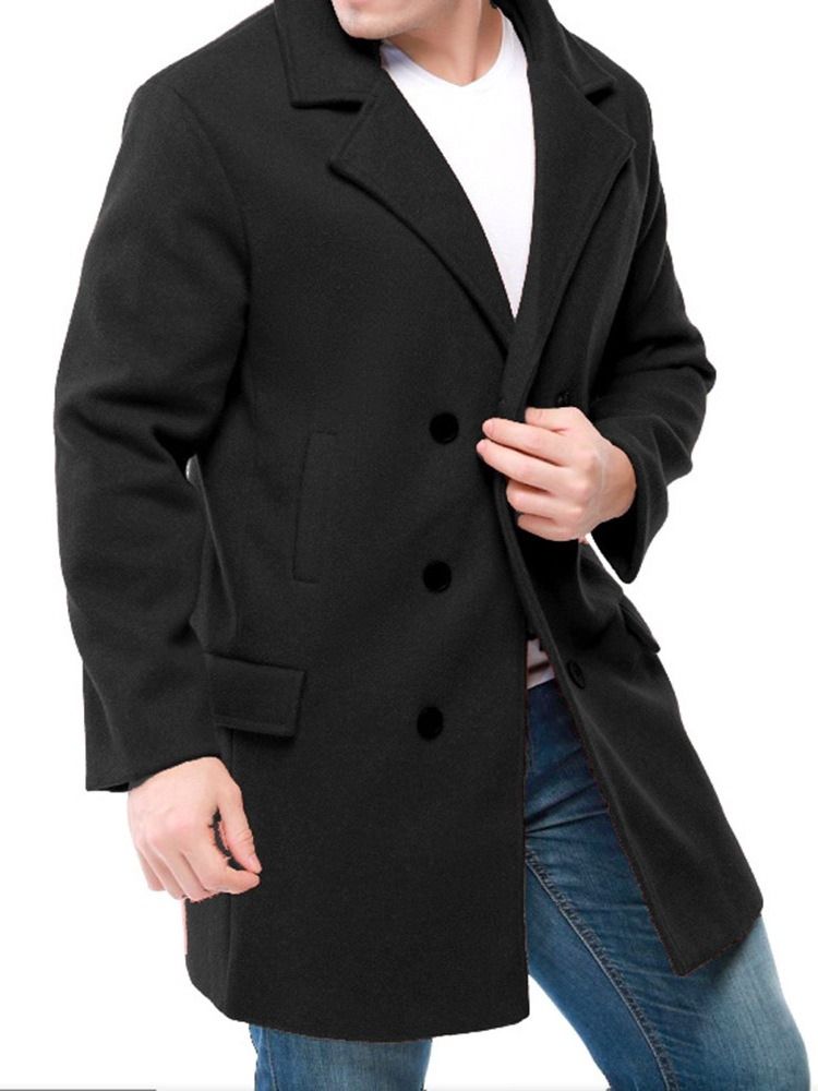 Manteau À Double Boutonnage Mince À Revers Cranté Uni Mi-long Pour Hommes