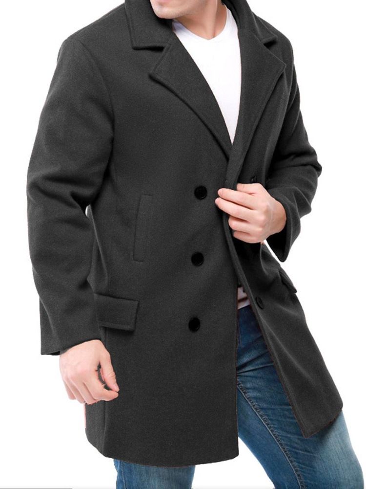 Manteau À Double Boutonnage Mince À Revers Cranté Uni Mi-long Pour Hommes