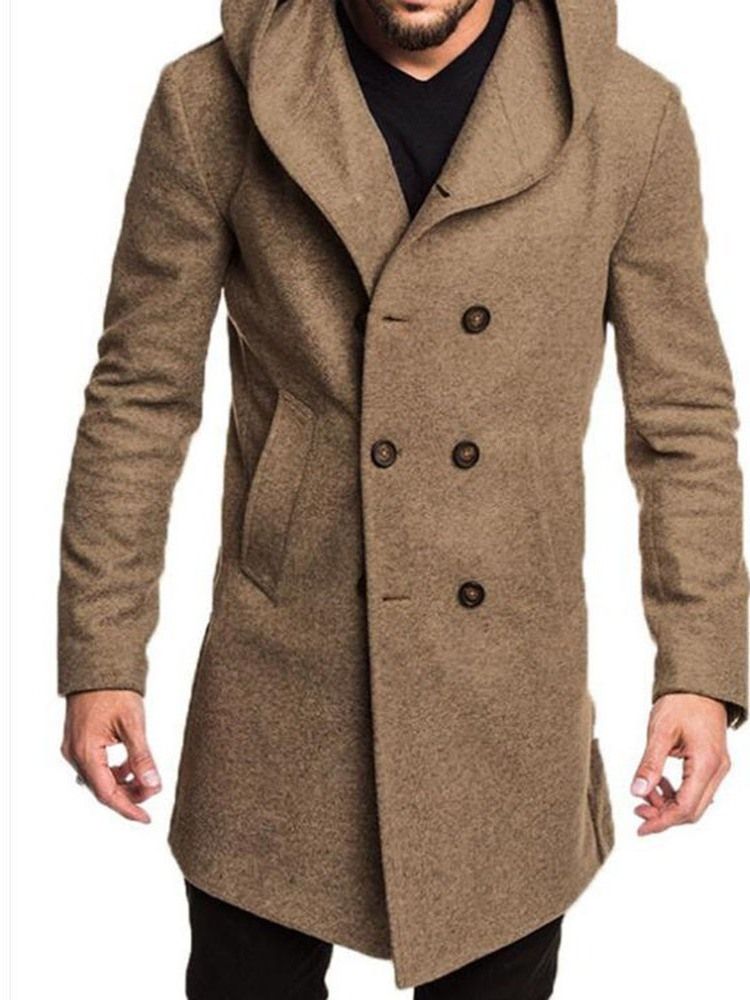 Manteau Européen À Double Boutonnage Uni À Capuche Mi-long