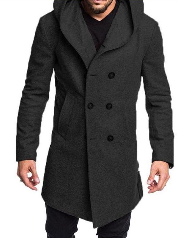 Manteau Européen À Double Boutonnage Uni À Capuche Mi-long