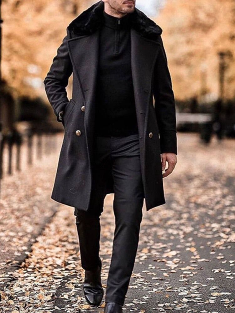 Manteau Slim À Double Boutonnage À Revers Mi-long Avec Poche Pour Hommes