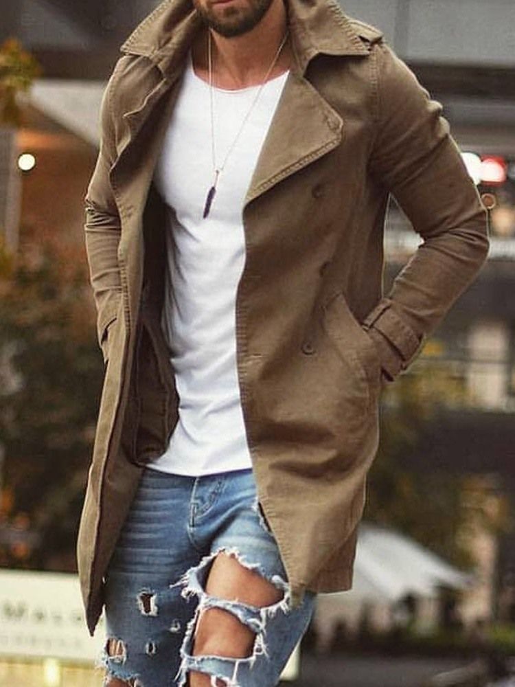 Trench-coat Ample Mi-long À Poche Unie Pour Hommes