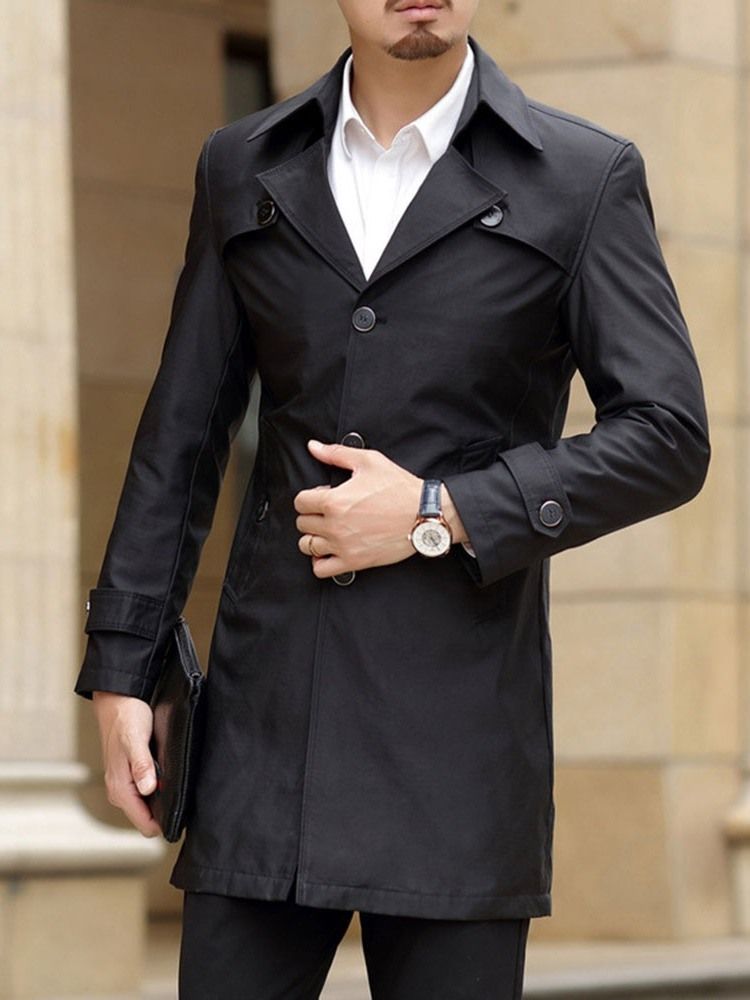 Trench-coat Décontracté Mi-long À Revers Boutonné Pour Hommes