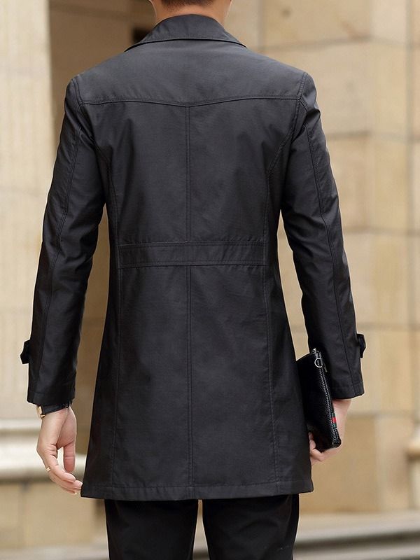 Trench-coat Décontracté Mi-long À Revers Boutonné Pour Hommes