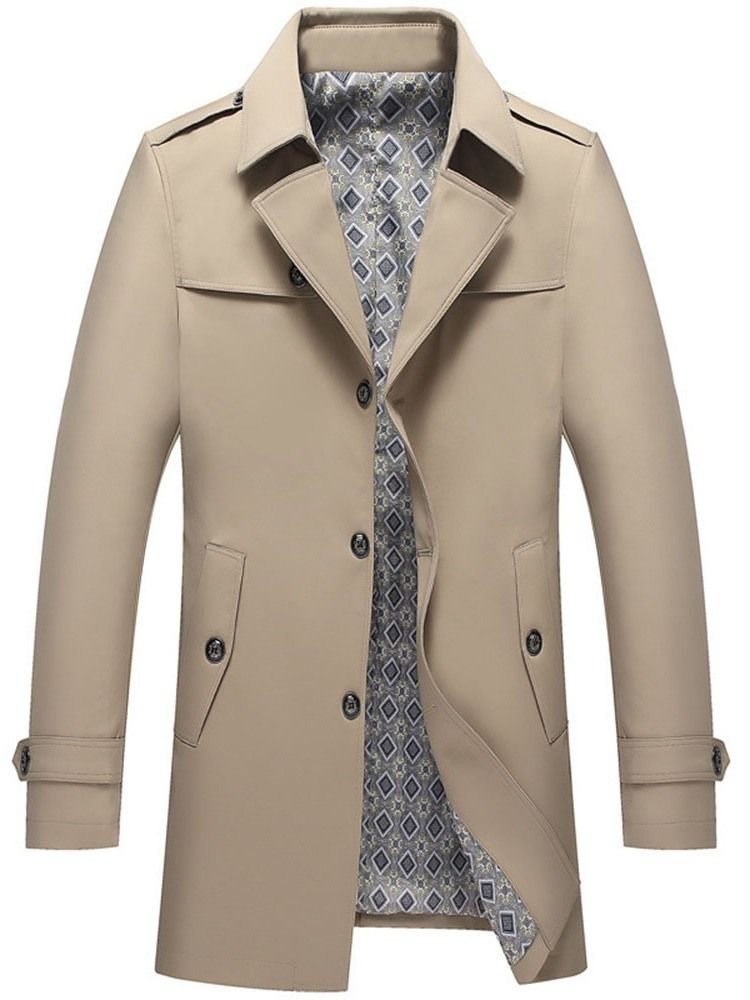 Trench-coat Décontracté Mi-long À Revers Uni Pour Hommes