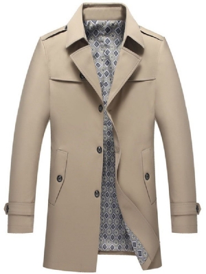 Trench-coat Décontracté Mi-long À Revers Uni Pour Hommes