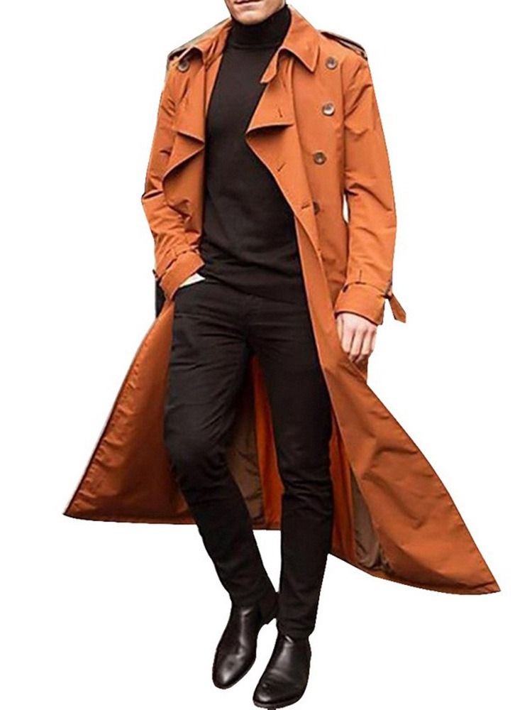 Trench-coat Européen Uni À Bouton Long Et À Revers Pour Hommes