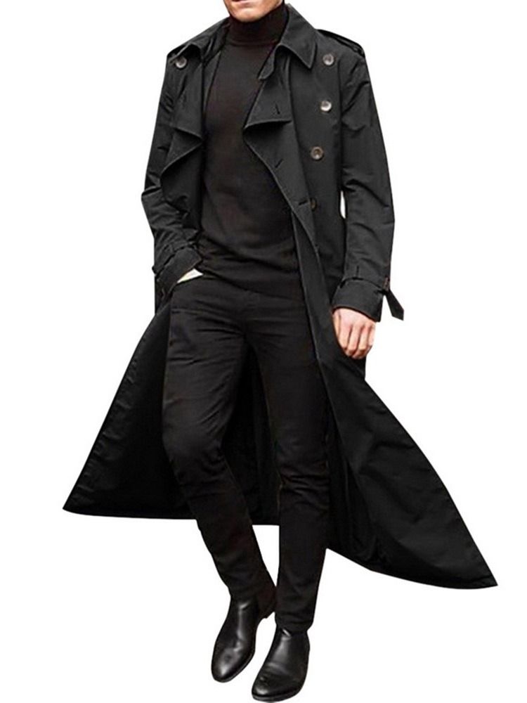 Trench-coat Européen Uni À Bouton Long Et À Revers Pour Hommes