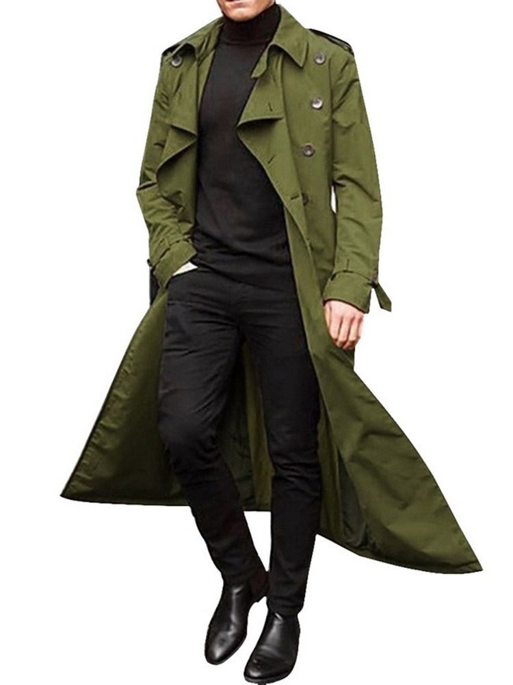 Trench-coat Européen Uni À Bouton Long Et À Revers Pour Hommes