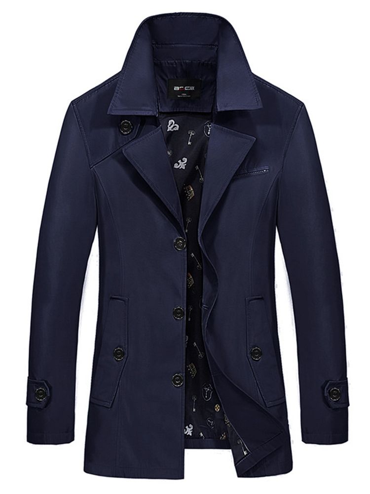 Trench-coat Mi-long Uni À Revers Vogue Pour Hommes