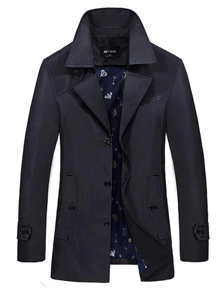 Trench-coat Mi-long Uni À Revers Vogue Pour Hommes