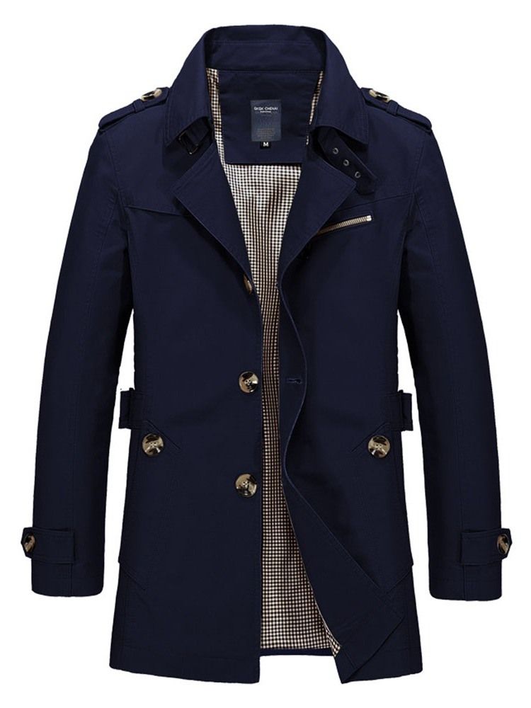 Trench-coat Simple À Revers Uni Mi-long Pour Hommes