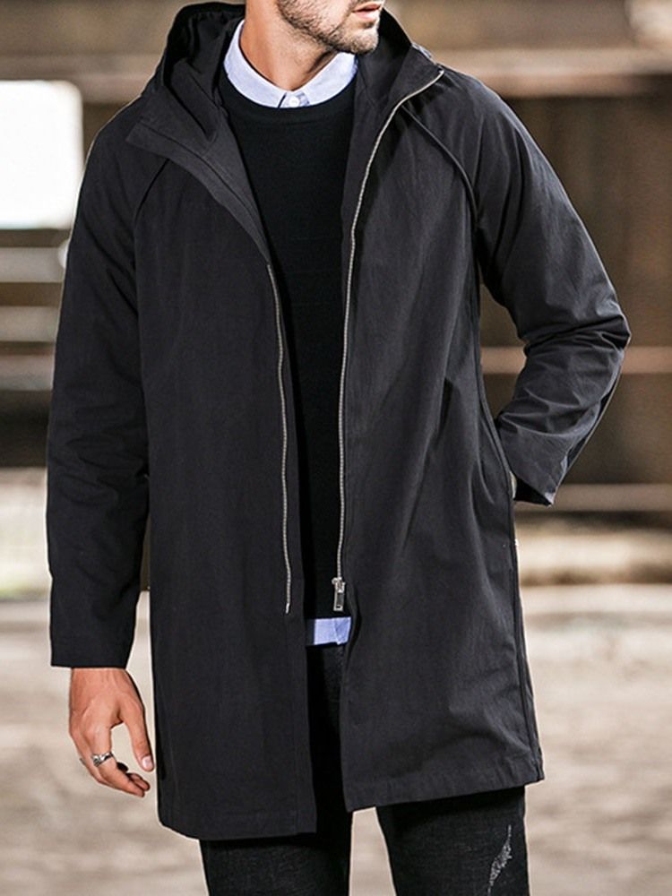 Trench-coat Uni À Capuche Mi-long Décontracté Pour Hommes