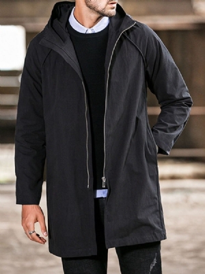 Trench-coat Uni À Capuche Mi-long Décontracté Pour Hommes