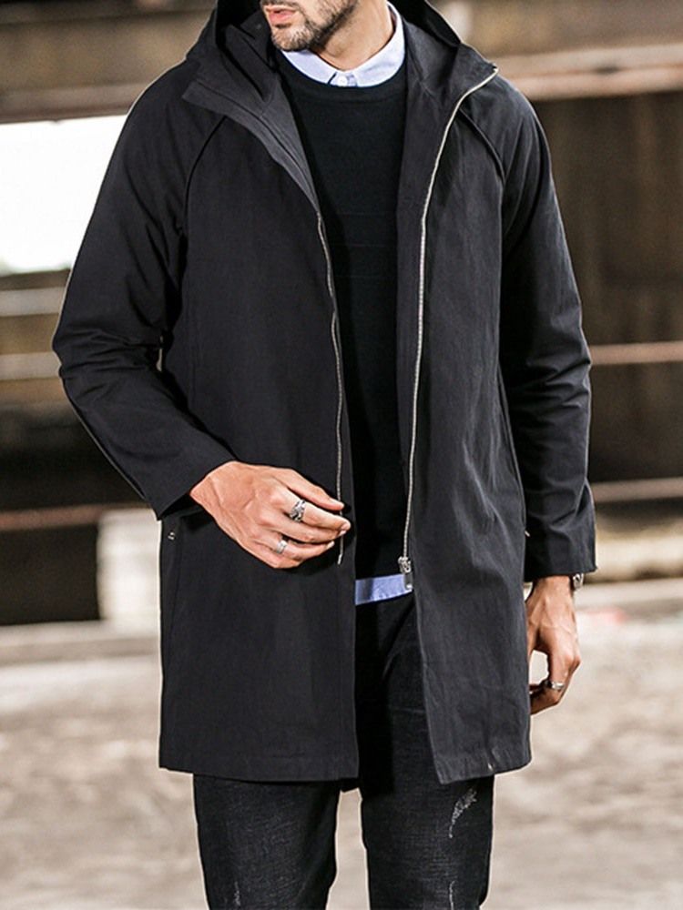 Trench-coat Uni À Capuche Mi-long Décontracté Pour Hommes