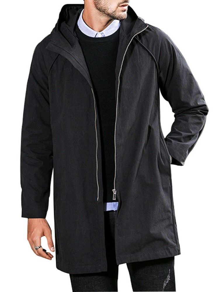 Trench-coat Uni À Capuche Mi-long Décontracté Pour Hommes