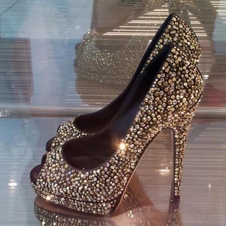 Chaussures De Bal À Plateforme Peep Toe En Strass Pour Femmes