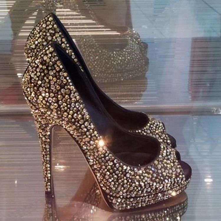 Chaussures De Bal À Plateforme Peep Toe En Strass Pour Femmes