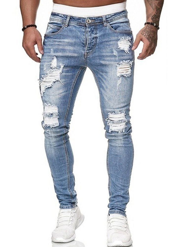 Crayon Trou Pantalon Plaine Taille Moyenne Fermeture Éclair Jeans Pour Hommes