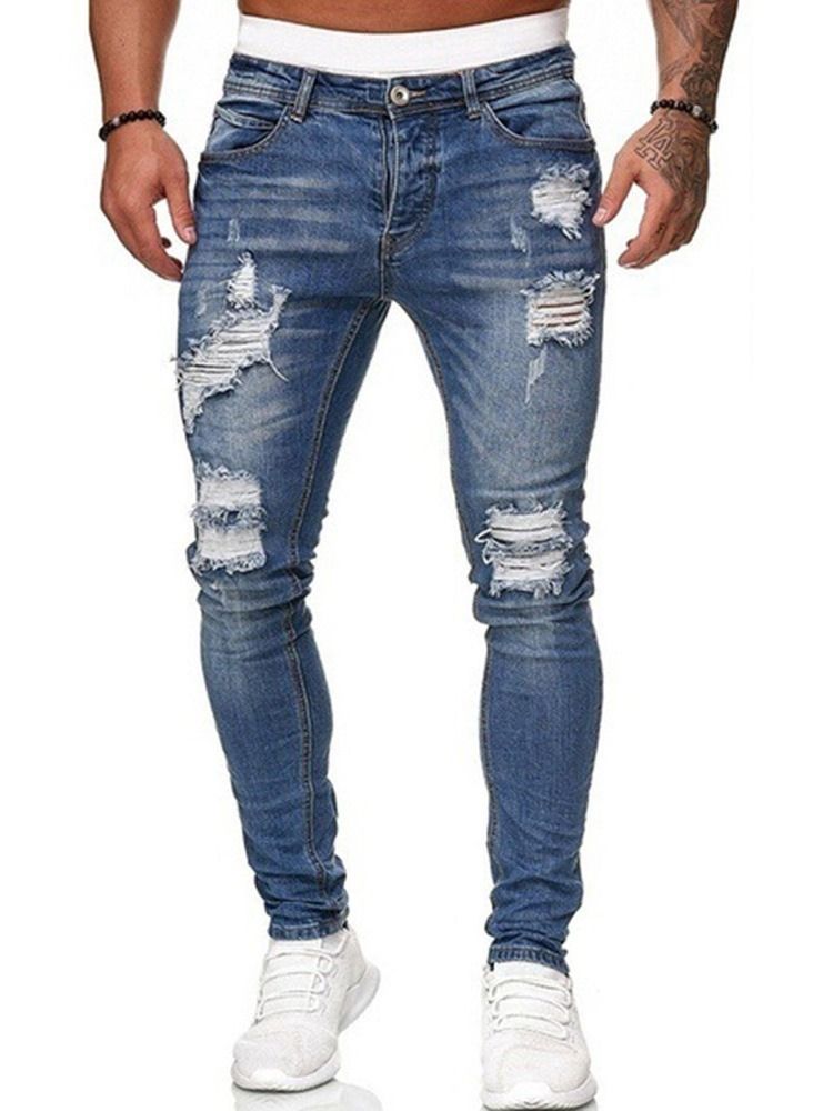 Crayon Trou Pantalon Plaine Taille Moyenne Fermeture Éclair Jeans Pour Hommes