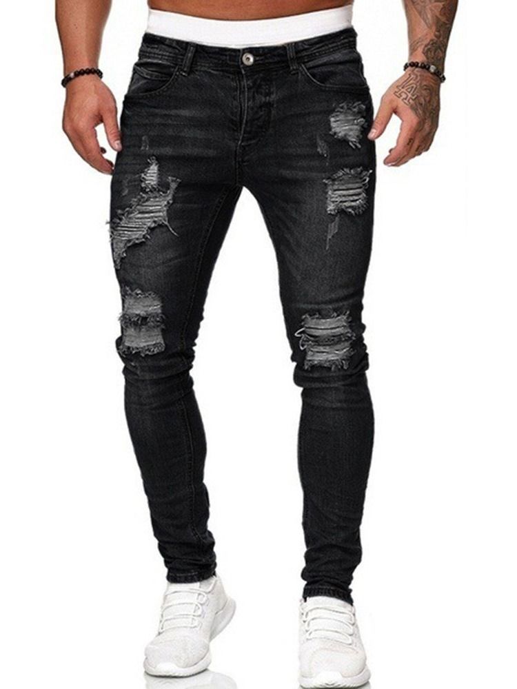 Crayon Trou Pantalon Plaine Taille Moyenne Fermeture Éclair Jeans Pour Hommes