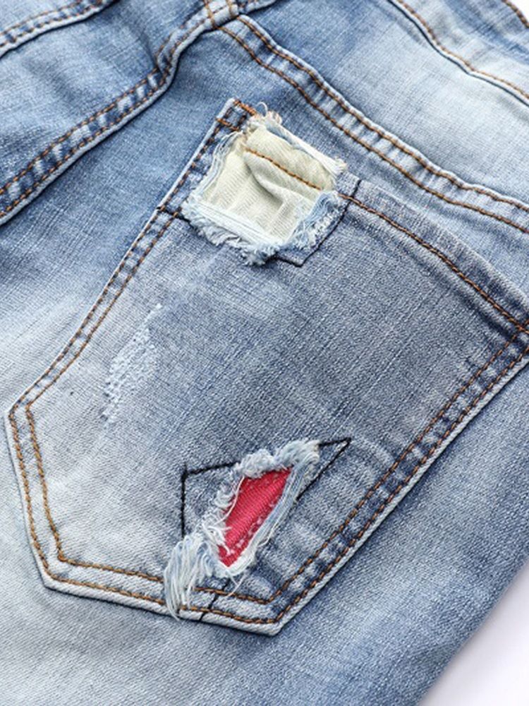 Jean Décontracté Pour Hommes Plissé Bleu Clair Patchwork