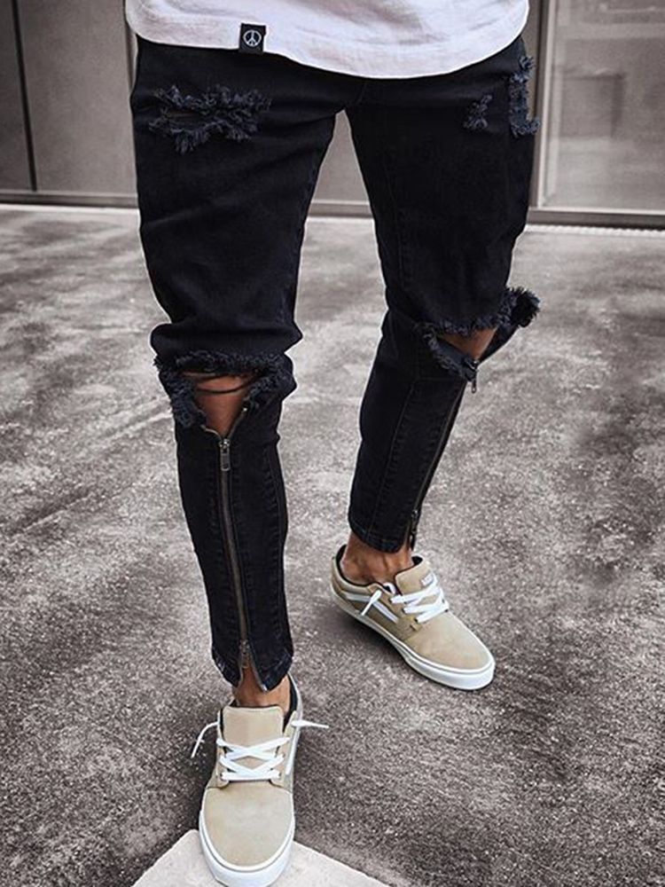 Jean Skinny Déchiré Noir Pour Hommes Avec Fermeture Éclair