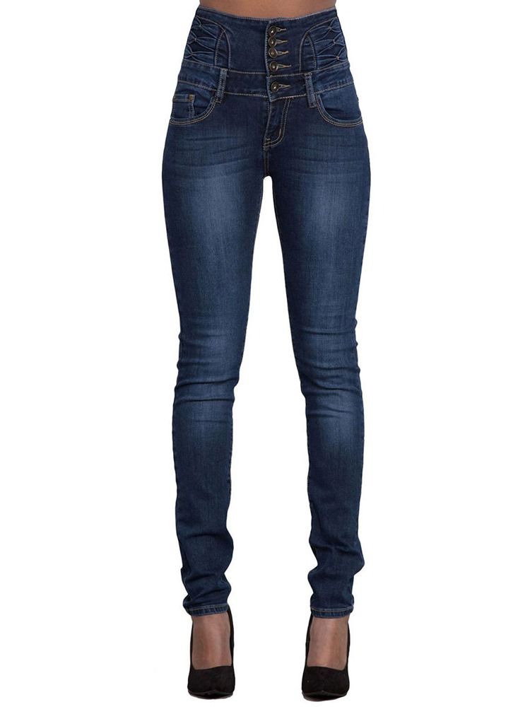 Jean Skinny Femme Taille Haute Boutonné Uni À Poche