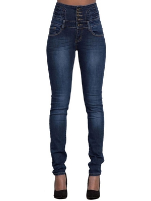 Jean Skinny Femme Taille Haute Boutonné Uni À Poche