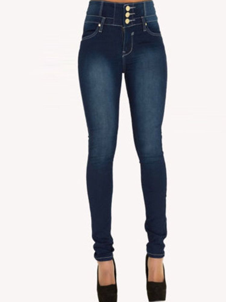 Jean Skinny Femme Taille Haute Boutonné Uni À Poche