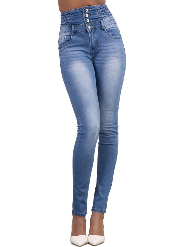 Jean Skinny Femme Taille Haute Boutonné Uni À Poche