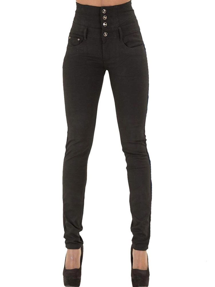 Jean Skinny Femme Taille Haute Boutonné Uni À Poche