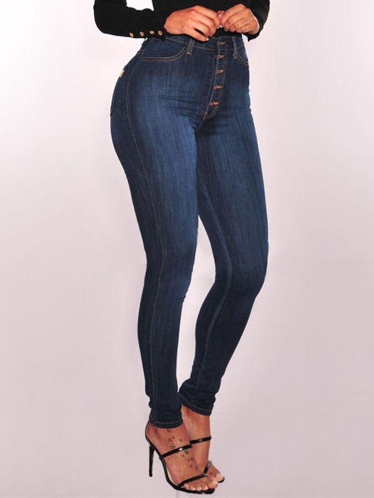 Jean Skinny Taille Haute En Denim Uni Boutonné Pour Femme