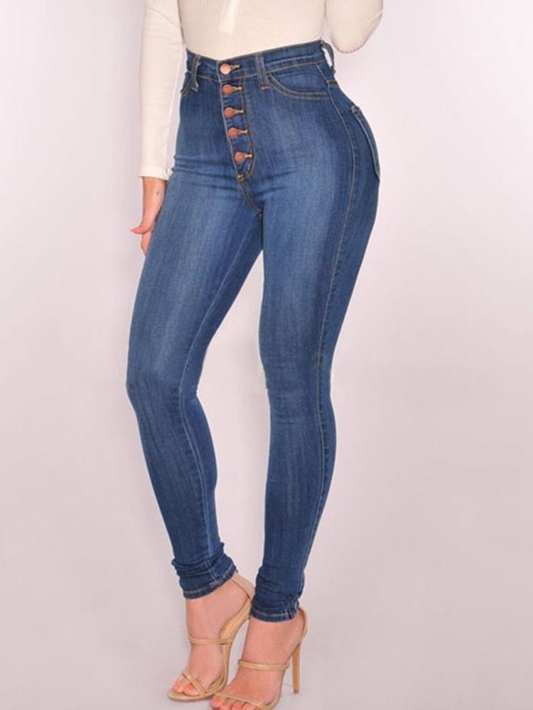 Jean Skinny Taille Haute En Denim Uni Boutonné Pour Femme