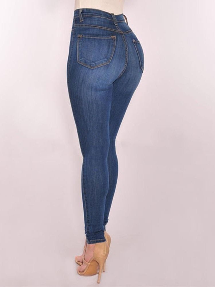 Jean Skinny Taille Haute En Denim Uni Boutonné Pour Femme