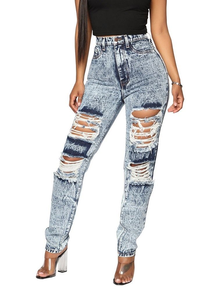 Jean Skinny Taille Haute Uni À Jambes Larges Pour Femmes