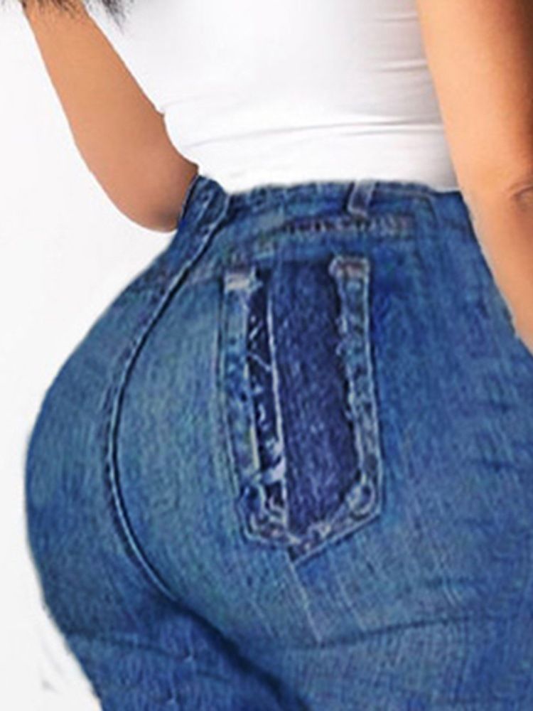 Jean Slim Taille Haute À Trou Uni Pour Femmes