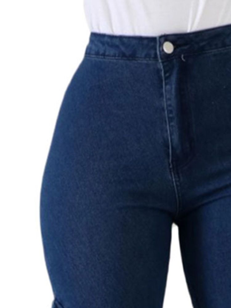 Jean Slim Taille Haute Uni Boutonné Pour Femme