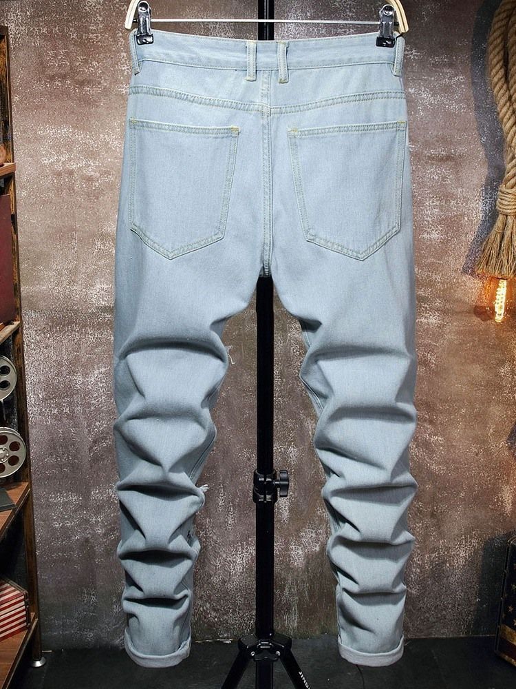 Jean Slim Uni À Taille Moyenne Et Fermeture Éclair Pour Hommes