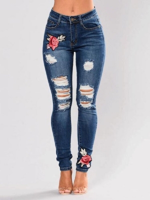 Jeans À Broderies Florales Pour Femmes À Taille Moyenne Et Déchiré