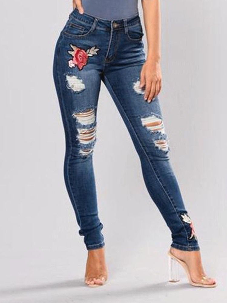 Jeans À Broderies Florales Pour Femmes À Taille Moyenne Et Déchiré