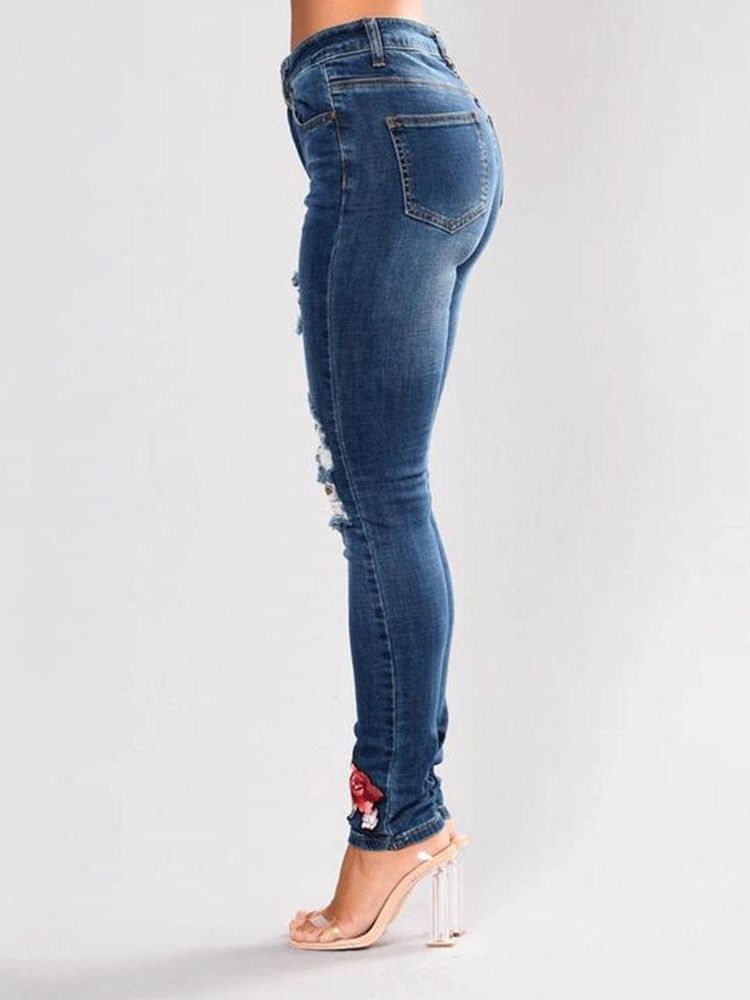 Jeans À Broderies Florales Pour Femmes À Taille Moyenne Et Déchiré