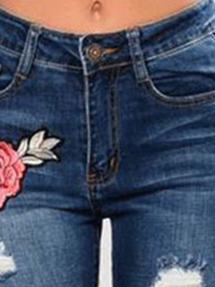 Jeans À Broderies Florales Pour Femmes À Taille Moyenne Et Déchiré