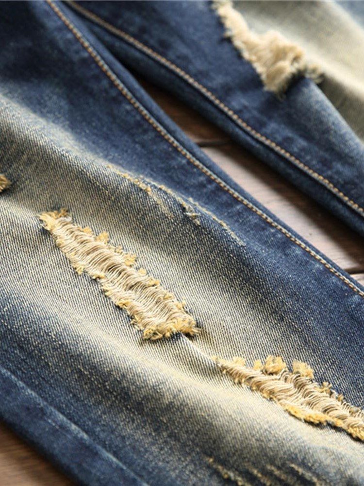 Jeans Déchirés Bleu Foncé Bloc De Couleur Pour Hommes