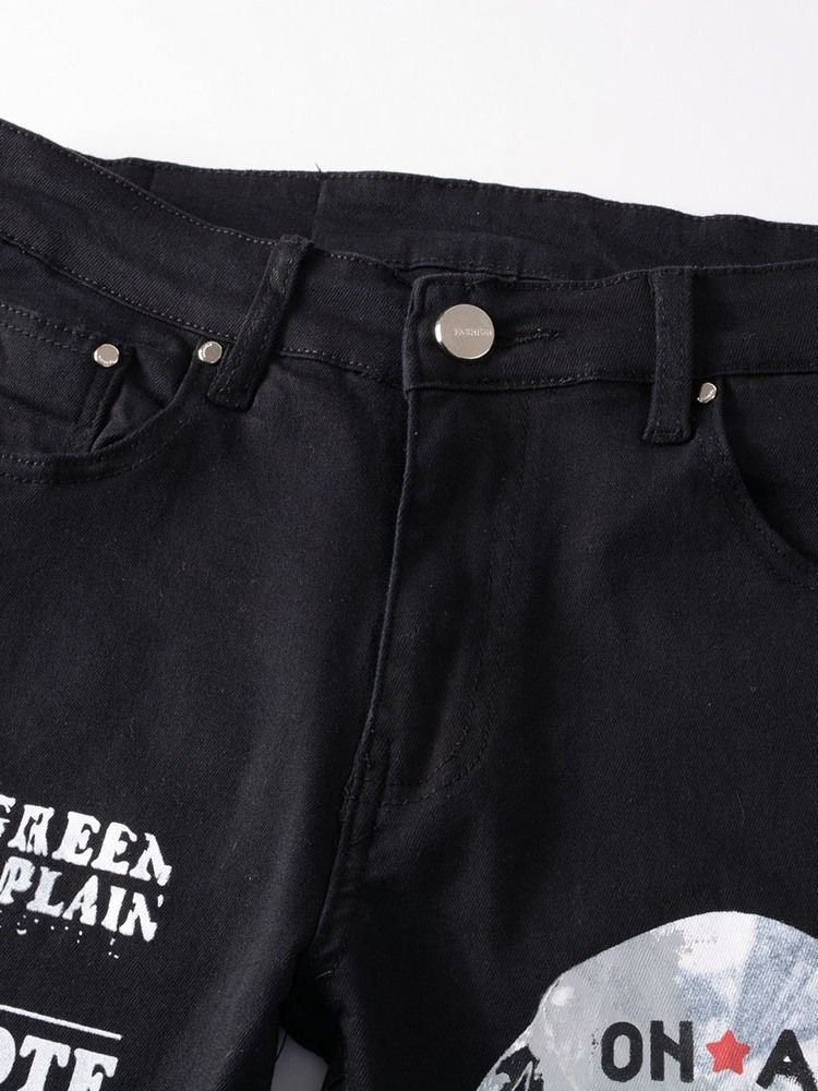 Jeans Décontractés À Fermeture Éclair Avec Poche Lettre Pour Hommes