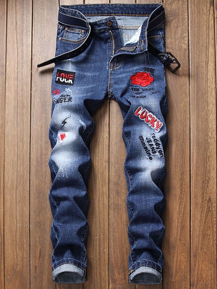 Jeans Décontractés Pour Hommes À Fermeture Éclair Florale Droite Imprimée